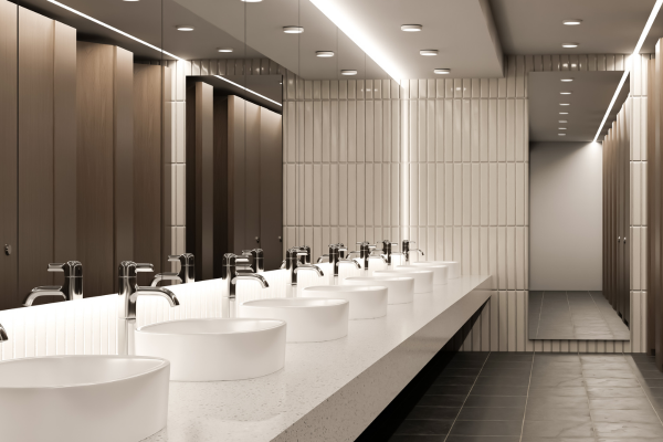 Tiled commercial washroom with a row of basins